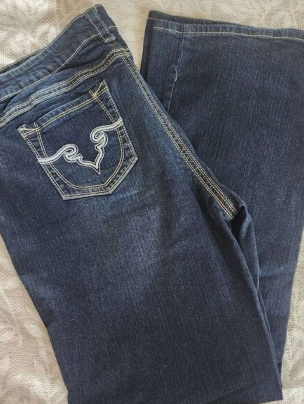Royal Blue Denim Bootcut Jeans-Thick White Stitching Extra-Tall